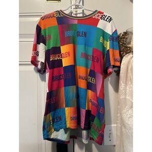 BruceGlen Rainbow Checkerboard Logo T-Shirt - Bamboo Blend - Size L - Maximalist